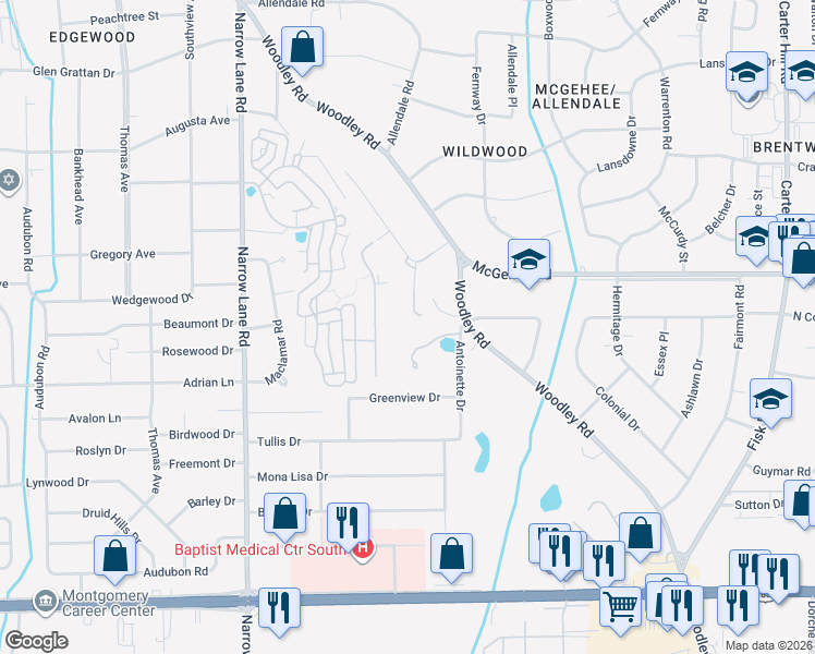 map of restaurants, bars, coffee shops, grocery stores, and more near 2550 Woodley Road in Montgomery