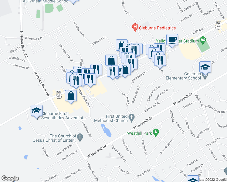 map of restaurants, bars, coffee shops, grocery stores, and more near 304 Colonial Drive in Cleburne
