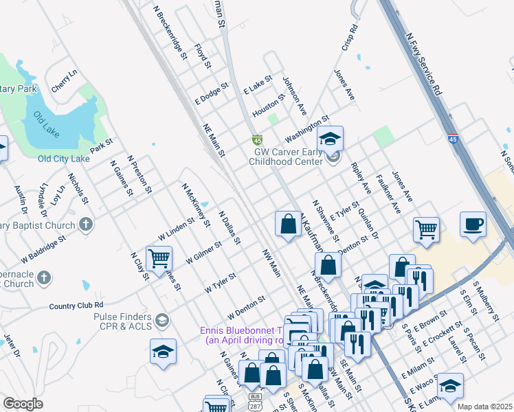 map of restaurants, bars, coffee shops, grocery stores, and more near 1010 Northeast Main Street in Ennis