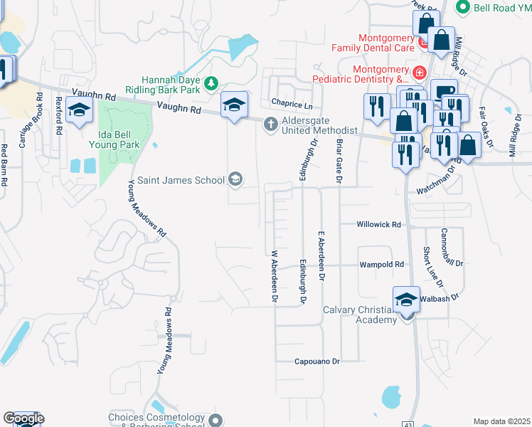 map of restaurants, bars, coffee shops, grocery stores, and more near 2086 West Aberdeen Drive in Montgomery