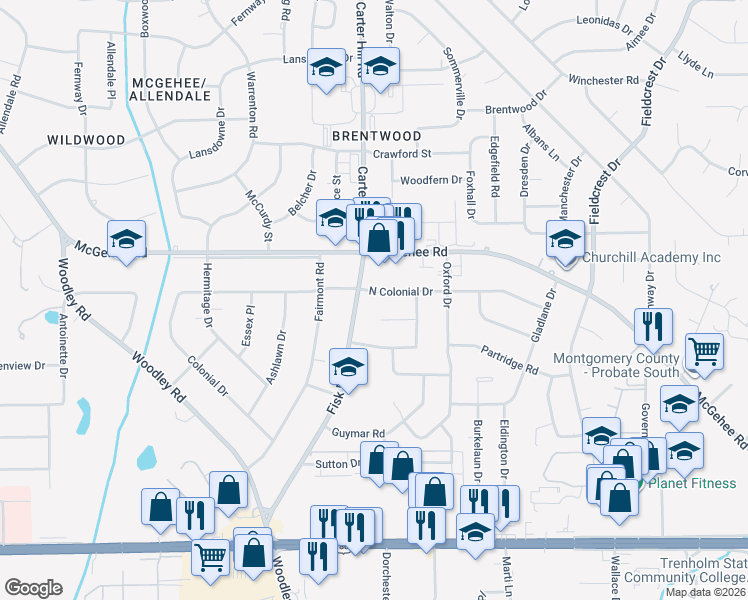 map of restaurants, bars, coffee shops, grocery stores, and more near 3033 Merrimac Court in Montgomery