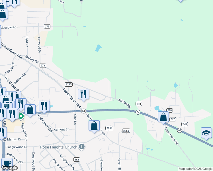 map of restaurants, bars, coffee shops, grocery stores, and more near 9191 Shadow Oak Drive in Tyler