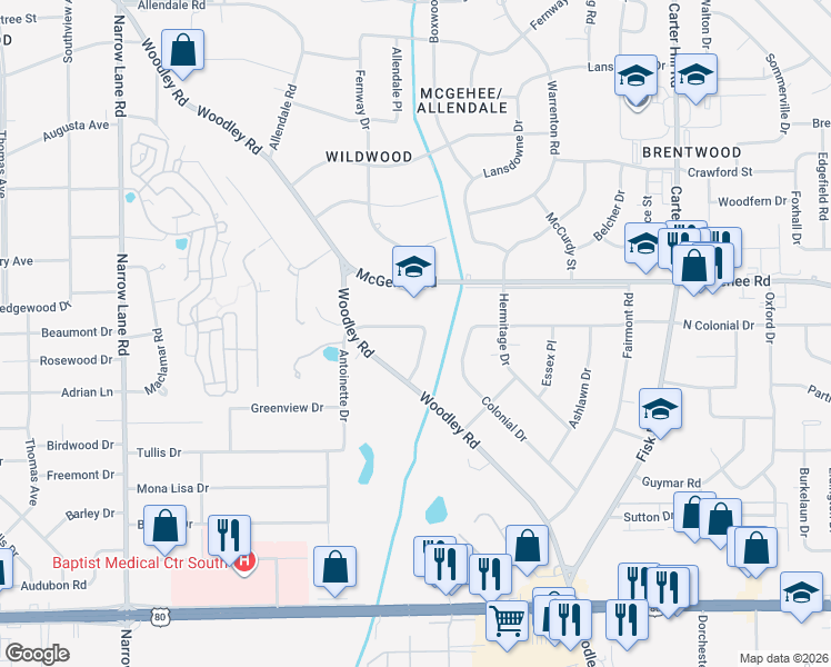 map of restaurants, bars, coffee shops, grocery stores, and more near 2560 Churchill Dr in Montgomery