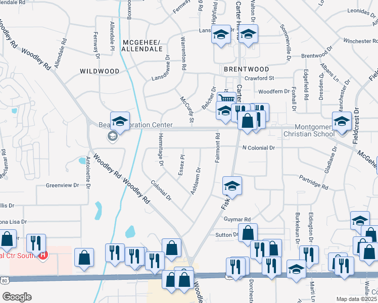 map of restaurants, bars, coffee shops, grocery stores, and more near 2601 Essex Place in Montgomery
