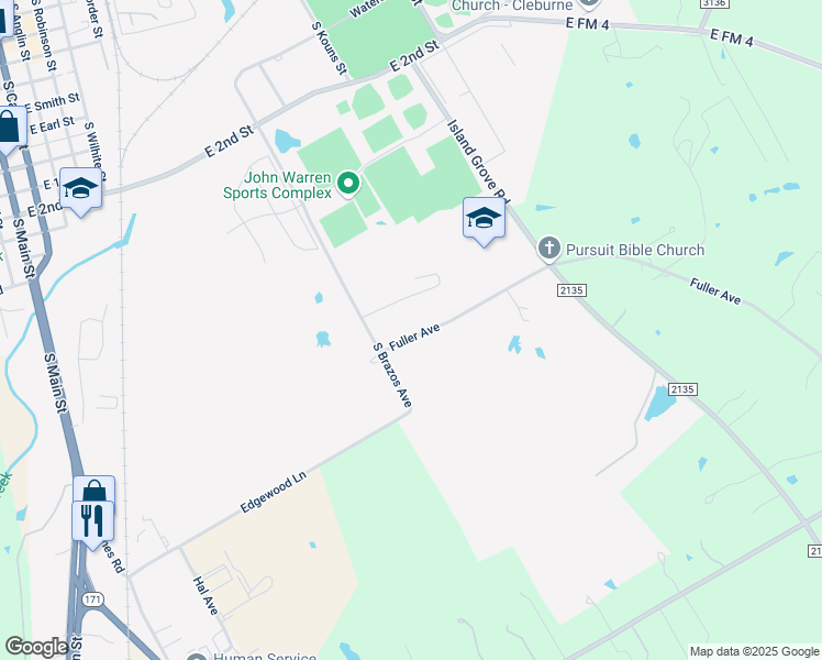 map of restaurants, bars, coffee shops, grocery stores, and more near 729 Fuller Avenue in Cleburne