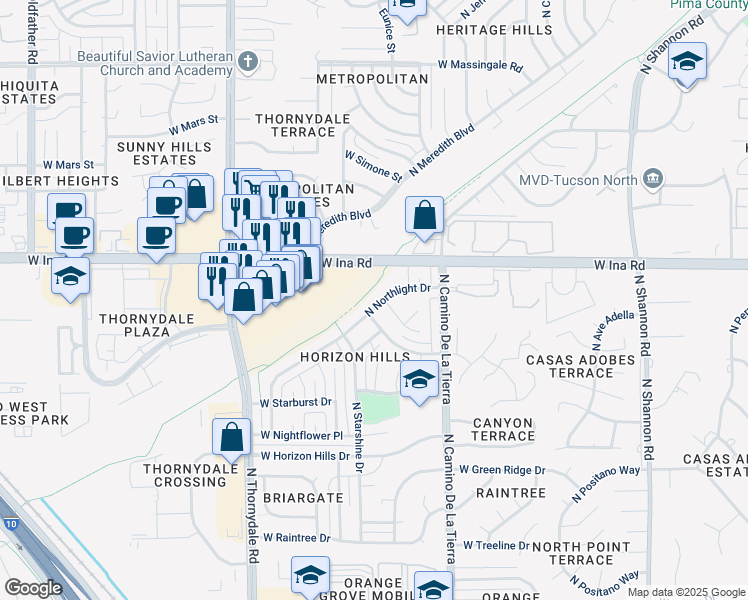 map of restaurants, bars, coffee shops, grocery stores, and more near 3546 West Northstar Drive in Tucson