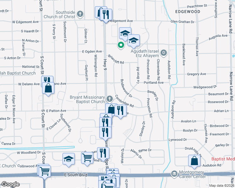map of restaurants, bars, coffee shops, grocery stores, and more near 500-598 Stakley Drive in Montgomery