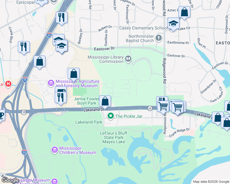 map of restaurants, bars, coffee shops, grocery stores, and more near Eastbrooke Street in Jackson