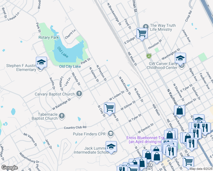 map of restaurants, bars, coffee shops, grocery stores, and more near 1301 North Preston Street in Ennis
