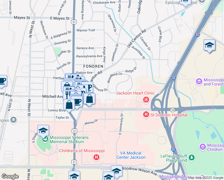 map of restaurants, bars, coffee shops, grocery stores, and more near 114 Woodland Circle in Jackson