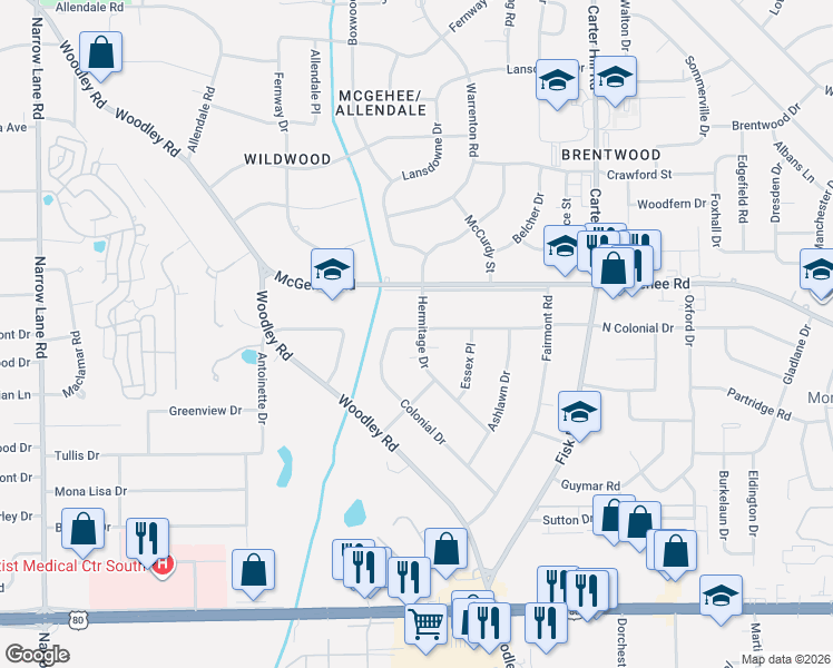 map of restaurants, bars, coffee shops, grocery stores, and more near 2714 Hermitage Drive in Montgomery