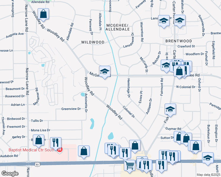map of restaurants, bars, coffee shops, grocery stores, and more near 2740 Colonial Drive in Montgomery