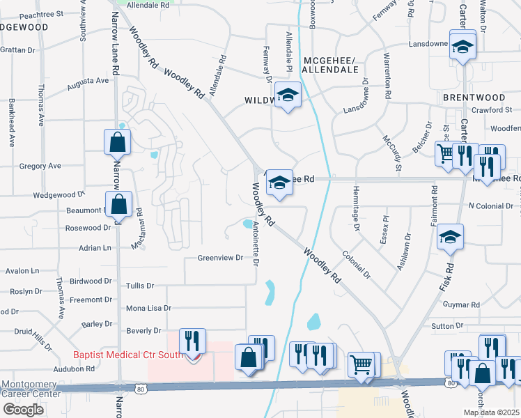 map of restaurants, bars, coffee shops, grocery stores, and more near 3801 Antoinette Drive in Montgomery