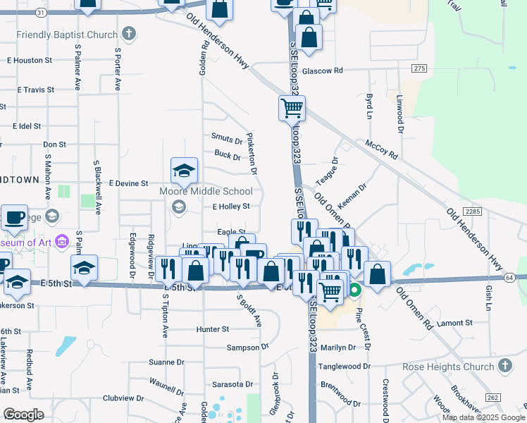 map of restaurants, bars, coffee shops, grocery stores, and more near 1209 Pinkerton Street in Tyler