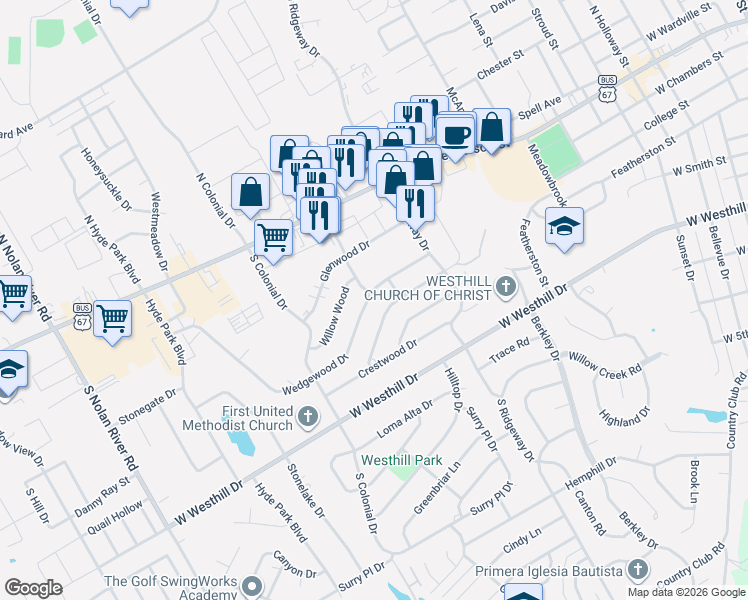 map of restaurants, bars, coffee shops, grocery stores, and more near 1225 Tanglewood Drive in Cleburne