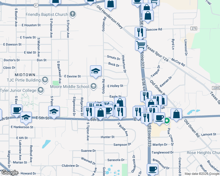 map of restaurants, bars, coffee shops, grocery stores, and more near 2321 East Holley Street in Tyler