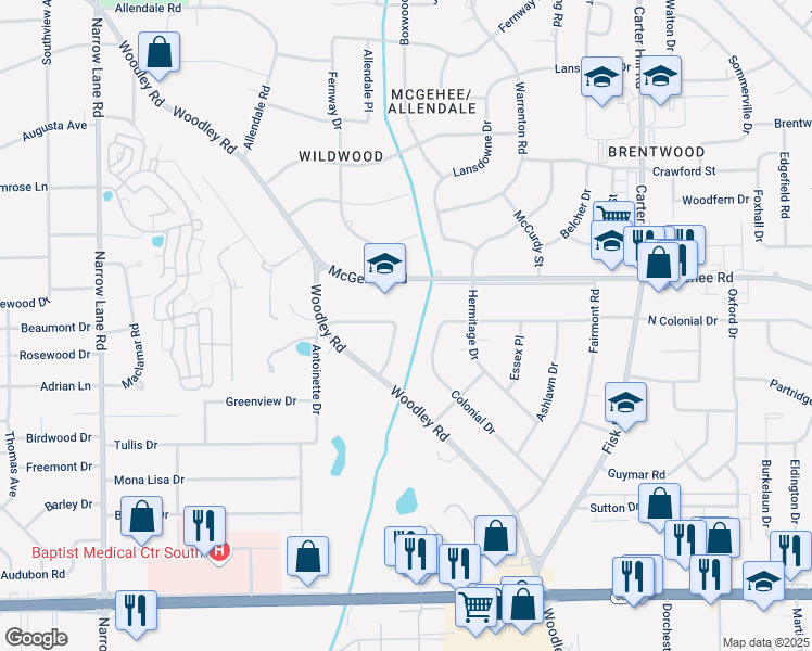 map of restaurants, bars, coffee shops, grocery stores, and more near 2740 Colonial Drive in Montgomery