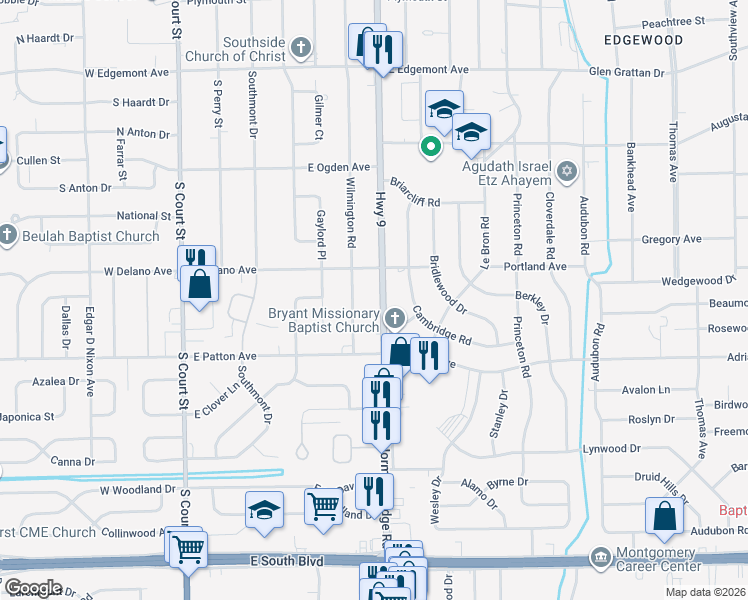 map of restaurants, bars, coffee shops, grocery stores, and more near 3636 Norman Bridge Road in Montgomery