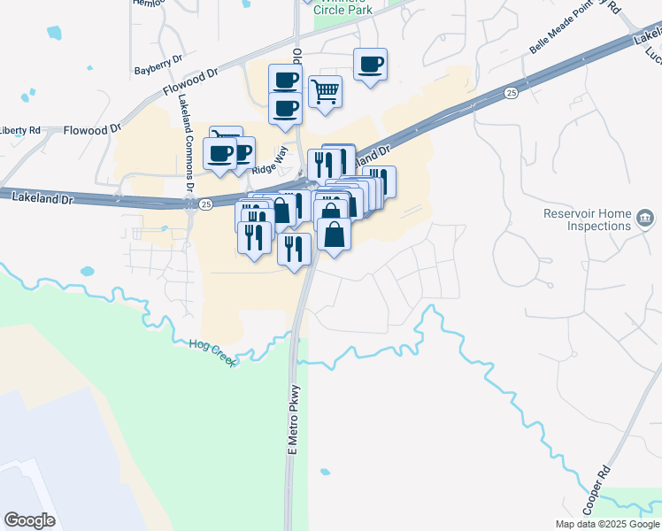 map of restaurants, bars, coffee shops, grocery stores, and more near 151 East Metro Parkway in Flowood