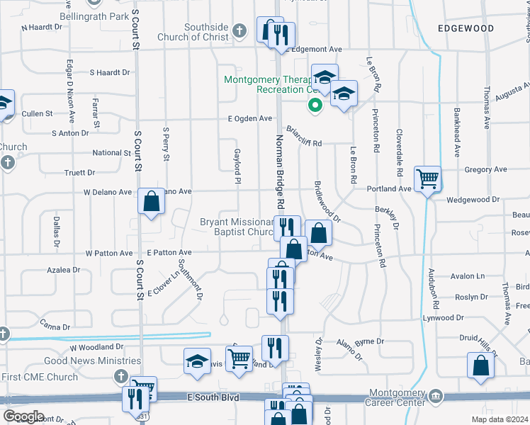 map of restaurants, bars, coffee shops, grocery stores, and more near 3635 Wilmington Road in Montgomery