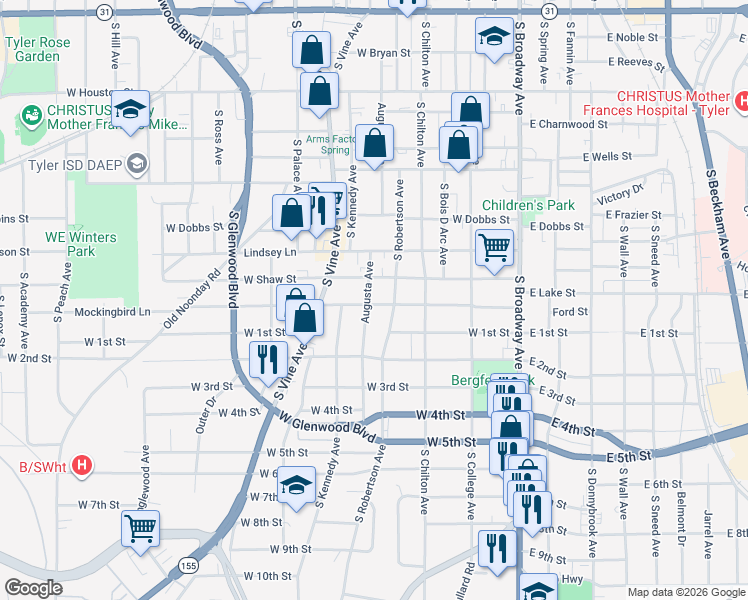 map of restaurants, bars, coffee shops, grocery stores, and more near 1120 Augusta Avenue in Tyler