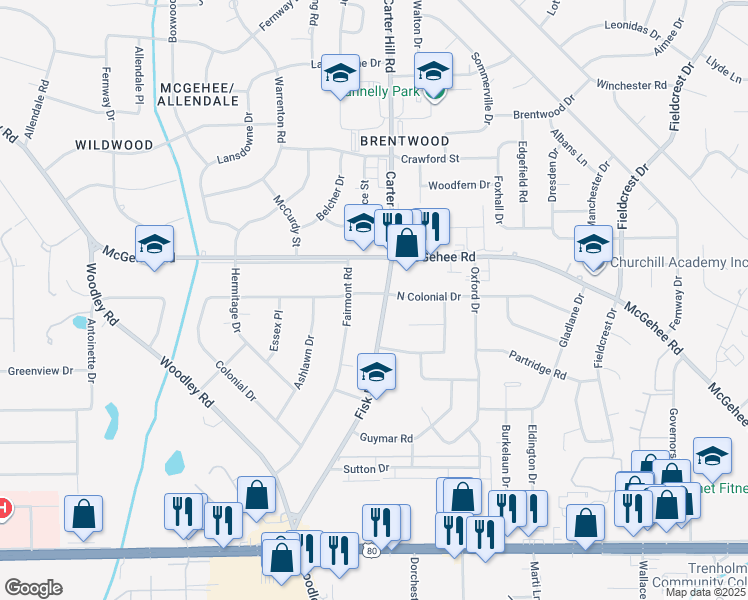 map of restaurants, bars, coffee shops, grocery stores, and more near 2916 North Colonial Drive in Montgomery