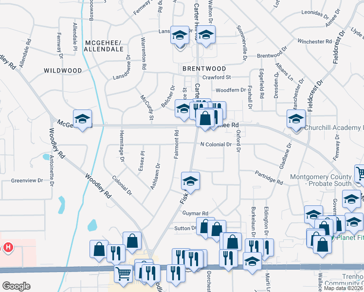 map of restaurants, bars, coffee shops, grocery stores, and more near 2615 Fairmont Road in Montgomery