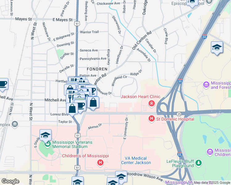 map of restaurants, bars, coffee shops, grocery stores, and more near 114 Woodland Circle in Jackson