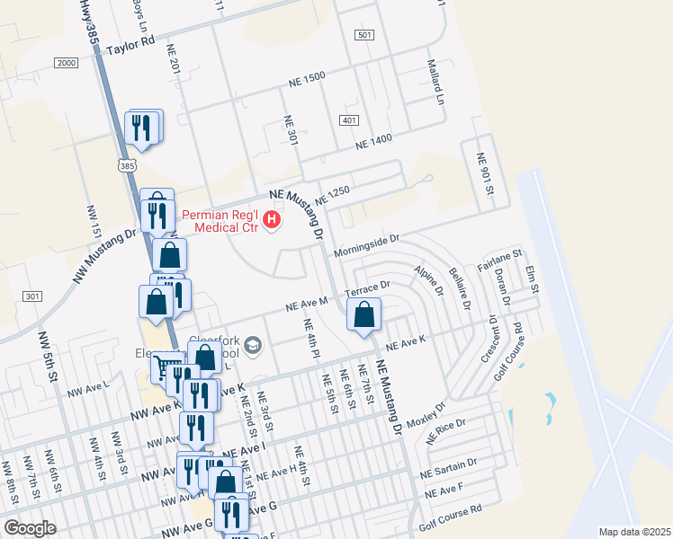 map of restaurants, bars, coffee shops, grocery stores, and more near 1400 Terrace Drive in Andrews