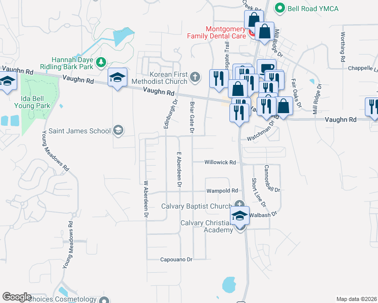 map of restaurants, bars, coffee shops, grocery stores, and more near 2132 Briar Gate Drive in Montgomery