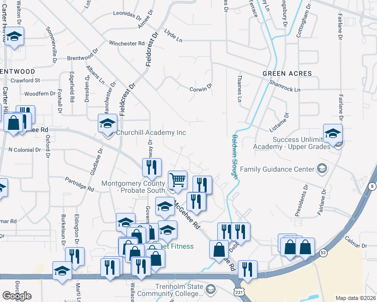 map of restaurants, bars, coffee shops, grocery stores, and more near 3512 Summerhill Drive in Montgomery