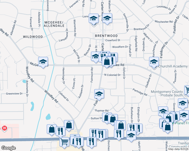 map of restaurants, bars, coffee shops, grocery stores, and more near 2615 Fairmont Road in Montgomery
