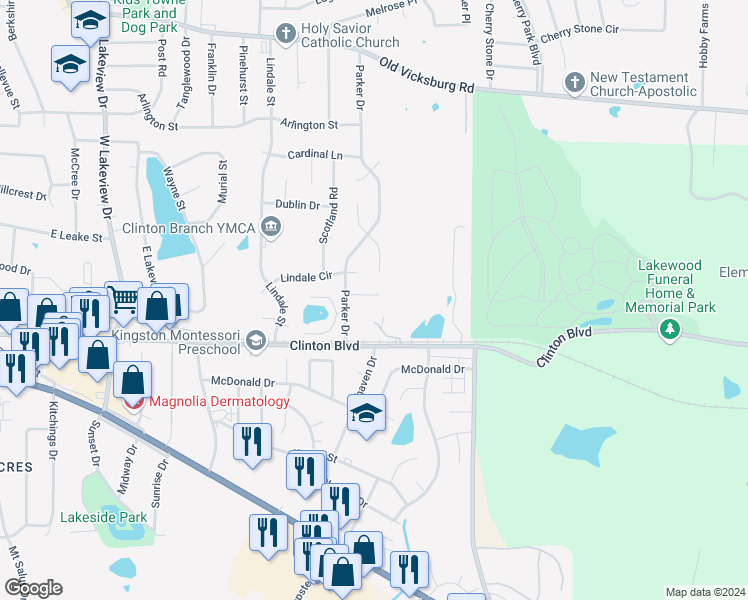 map of restaurants, bars, coffee shops, grocery stores, and more near 601 Clinton Boulevard in Clinton