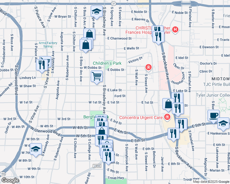 map of restaurants, bars, coffee shops, grocery stores, and more near 1207 South Fannin Avenue in Tyler