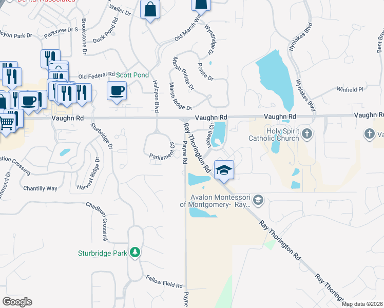 map of restaurants, bars, coffee shops, grocery stores, and more near 8692-8698 Plantation Ridge Road in Montgomery