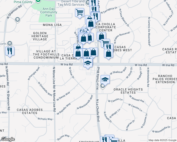 map of restaurants, bars, coffee shops, grocery stores, and more near 2255 West Ina Road in Tucson