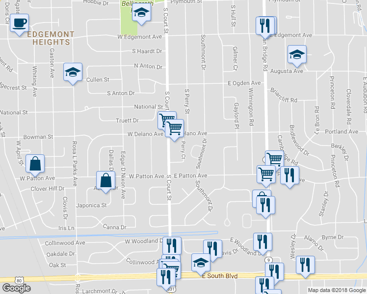 map of restaurants, bars, coffee shops, grocery stores, and more near 2 Perry Court in Montgomery