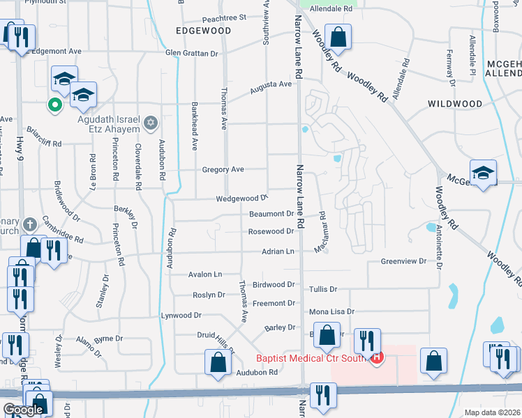 map of restaurants, bars, coffee shops, grocery stores, and more near 1427 Wedgewood Drive in Montgomery