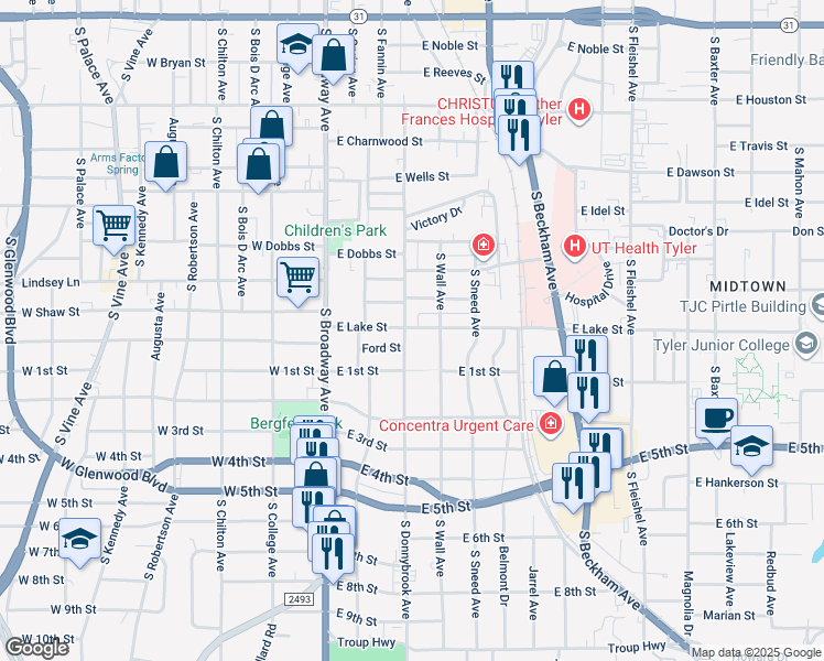 map of restaurants, bars, coffee shops, grocery stores, and more near 1019 South Donnybrook Avenue in Tyler
