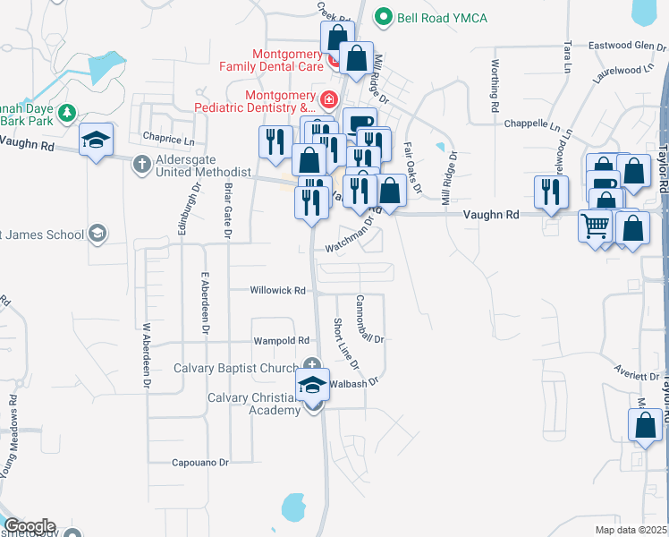 map of restaurants, bars, coffee shops, grocery stores, and more near 3201 Bell Road in Montgomery