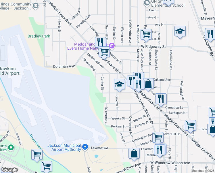 map of restaurants, bars, coffee shops, grocery stores, and more near 3329 Hollywood Avenue in Jackson