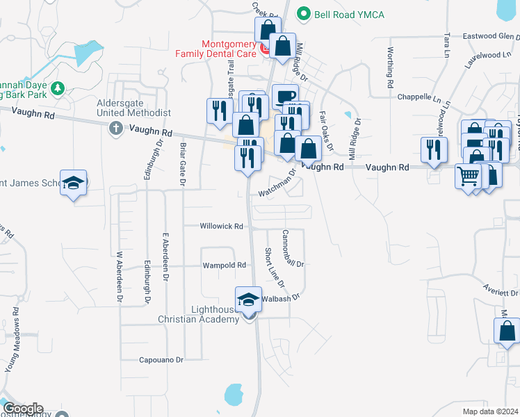 map of restaurants, bars, coffee shops, grocery stores, and more near 2009 Station Court in Montgomery