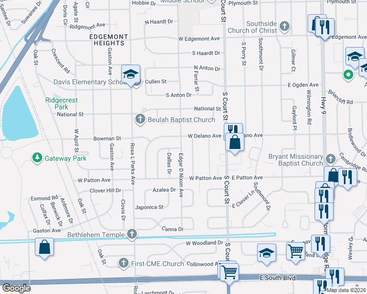 map of restaurants, bars, coffee shops, grocery stores, and more near 3809 Happiness Avenue in Montgomery