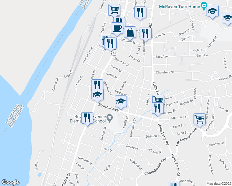 map of restaurants, bars, coffee shops, grocery stores, and more near 2400-2498 Lake St in Vicksburg