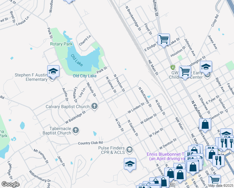 map of restaurants, bars, coffee shops, grocery stores, and more near Baldridge St & N Gaines St in Ennis