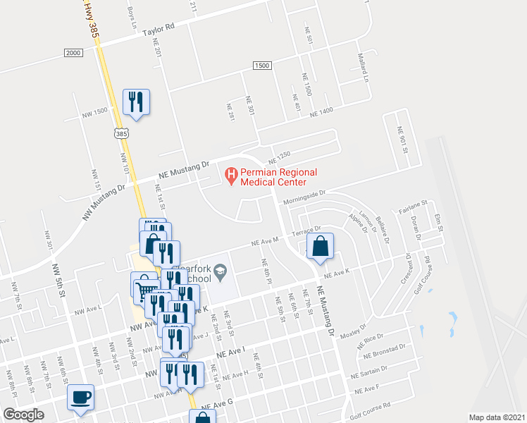 map of restaurants, bars, coffee shops, grocery stores, and more near 1420 Northeast 7th Street in Andrews