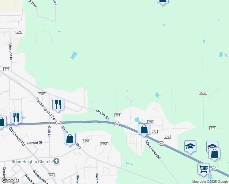 map of restaurants, bars, coffee shops, grocery stores, and more near 9167 County Road 274 in Tyler