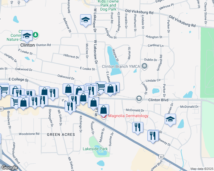 map of restaurants, bars, coffee shops, grocery stores, and more near 108 West Lakeview Drive in Clinton