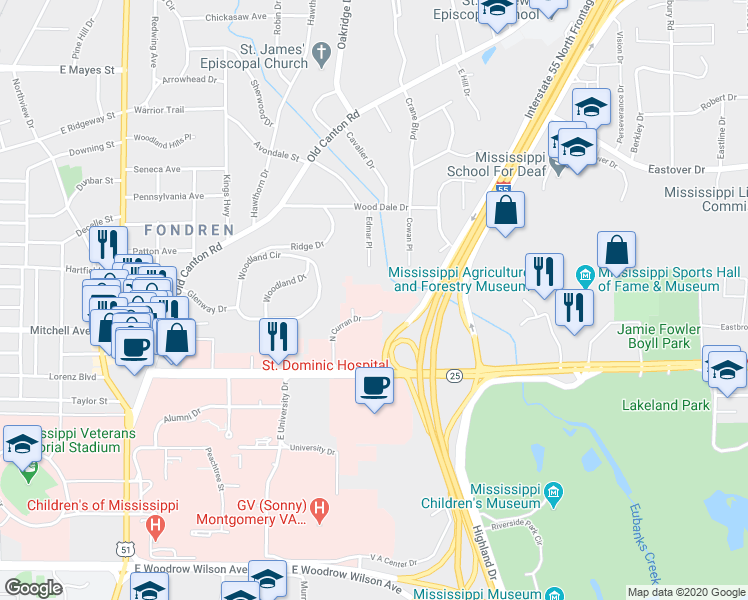 map of restaurants, bars, coffee shops, grocery stores, and more near 2969 North Curran Drive in Jackson