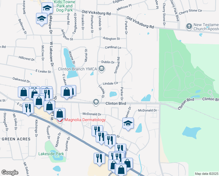 map of restaurants, bars, coffee shops, grocery stores, and more near 208 Lindale Circle in Clinton